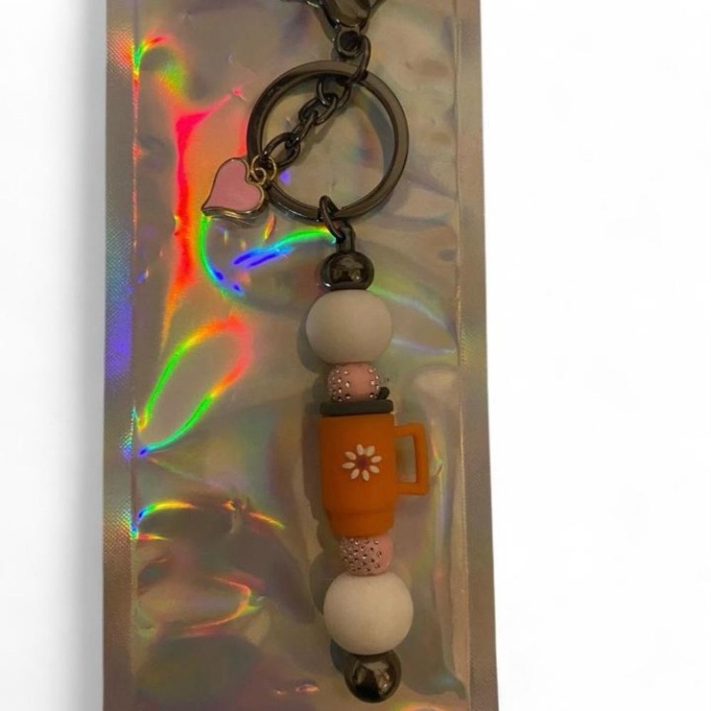 Orange Daisy Mug Beaded Keychain - Women Accessories